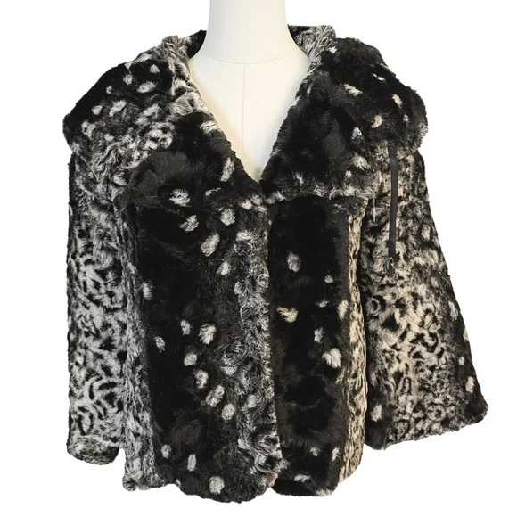 La Seine Black & White Faux Fur Leopard Coat Women’s Large Cropped Winter Jacket - Picture 2 of 14